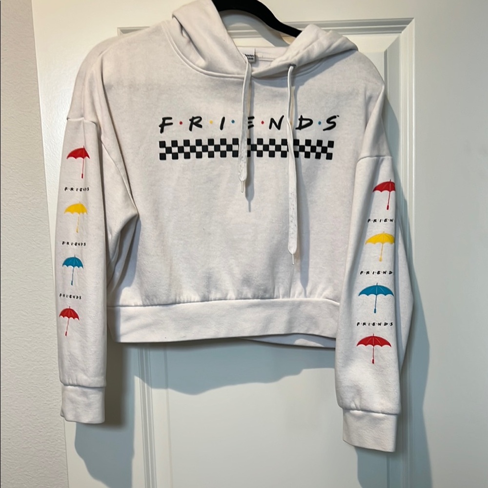 White Friends Crop Hoodie with Colorful Umbrellas